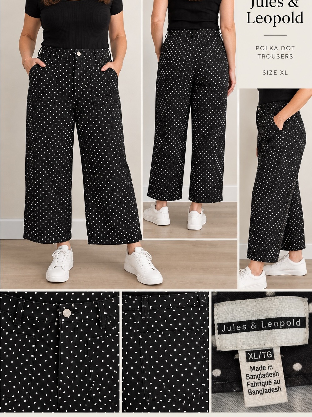 Jules & Leopold Black Polka Dot Wide-Leg Trousers size XL